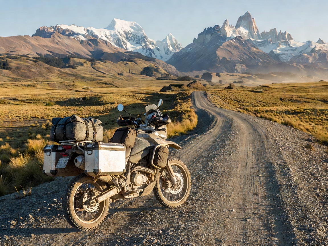 Adventure bike fully loaded with luggage on a long gravel road in Patagonia