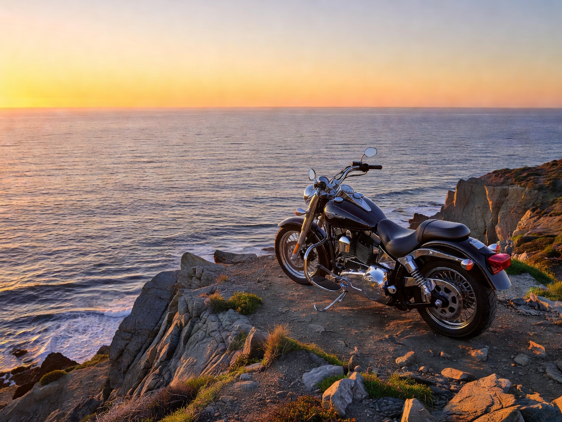 Cruiser motorcycle parked on a cliffside overlooking the ocean