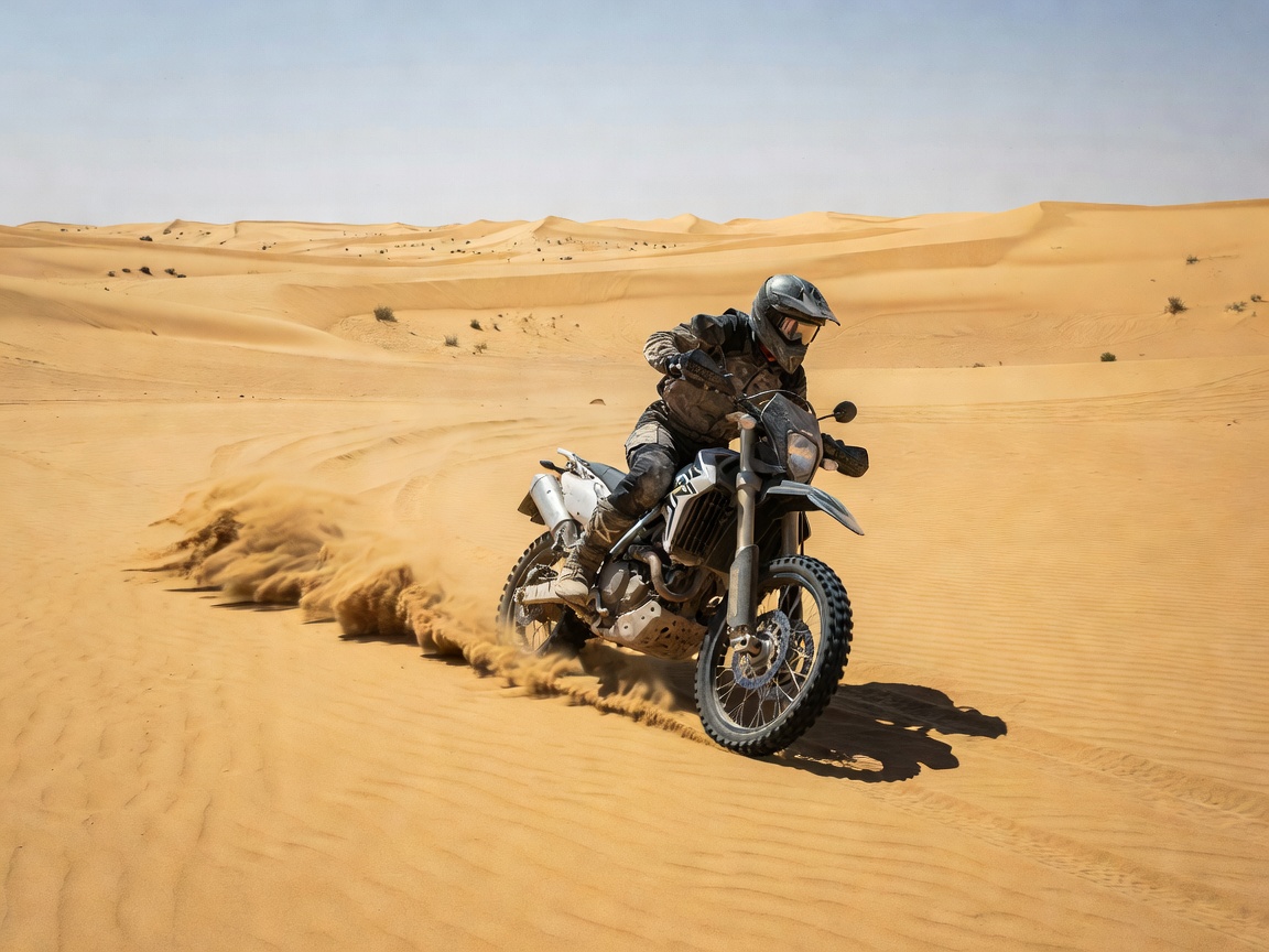 Dual-sport motorcycle traversing deep sand in a desert landscape