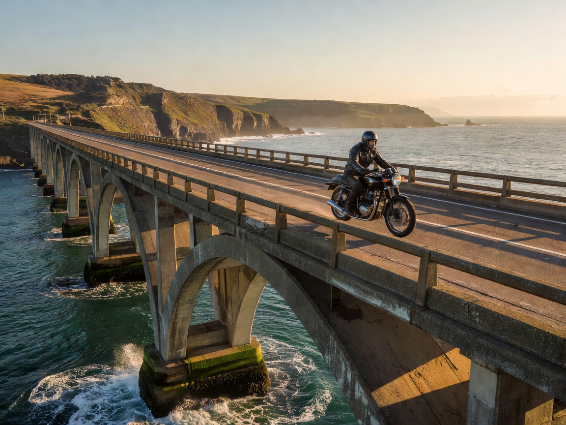 Motorcycle riding on a bridge spanning a coastal inlet