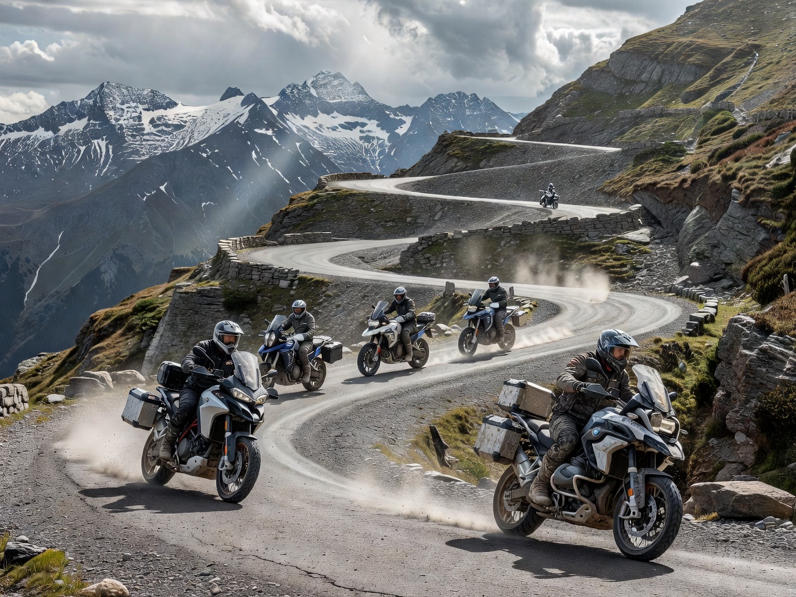 Motorcycles navigating a series of tight switchbacks on a steep mountain pass in the Alps