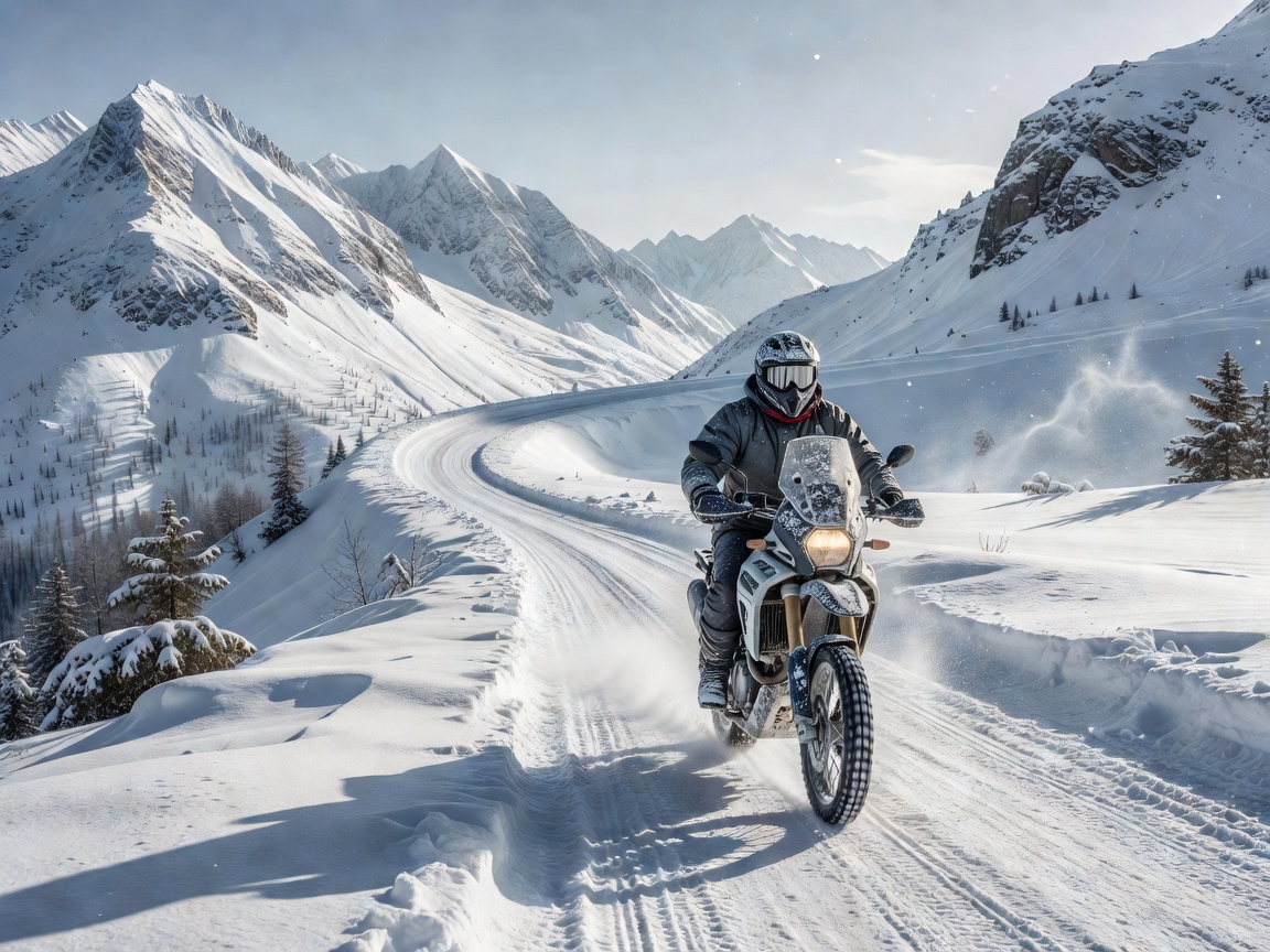 Motorcyclist riding through a sweeping snowy alpine pass
