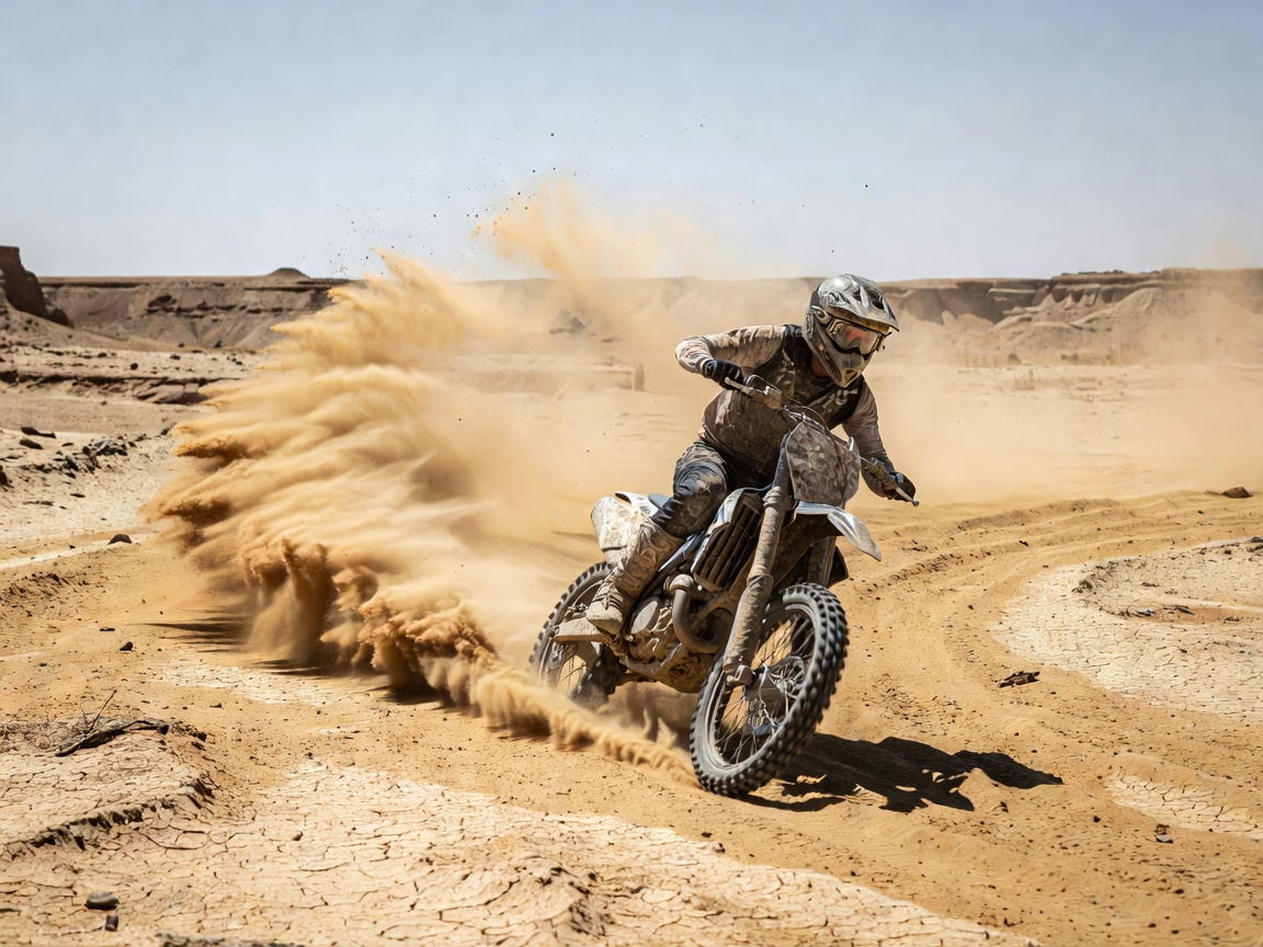 Motorcyclist throwing up a roost of sand in a dry desert wash