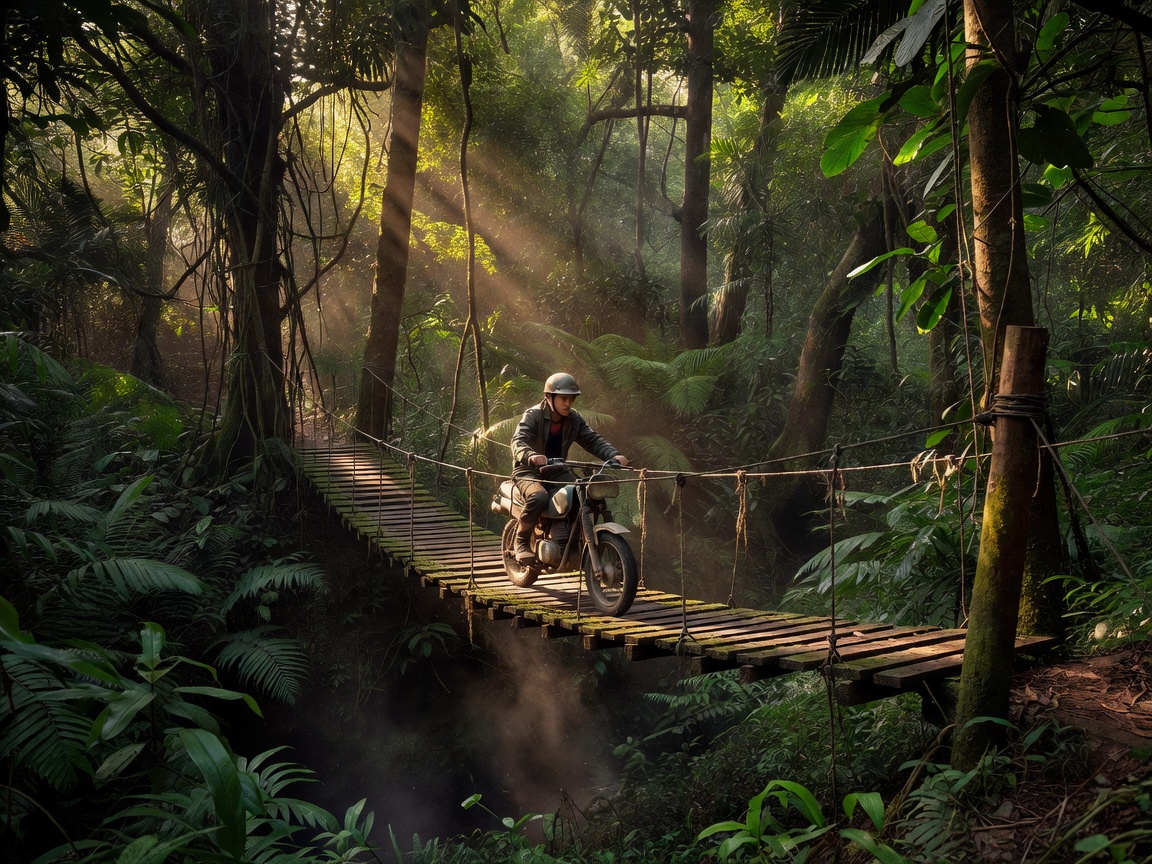 Rider on a small motorcycle crossing a narrow wooden suspension bridge in the jungle