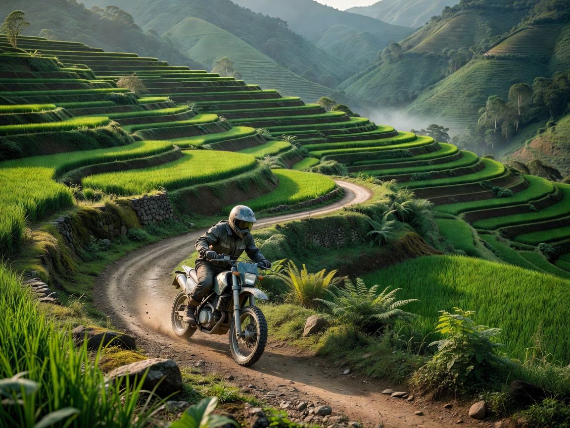 Small displacement motorcycle winding through lush green mountain terraces